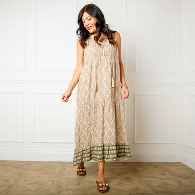 The stone cream All Over Print Maxi Dress with a tiered silhouette for a feminine look